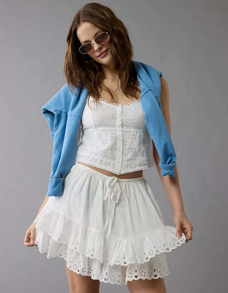 AE High-Waisted Embroidered Ruffle Mini Skirt