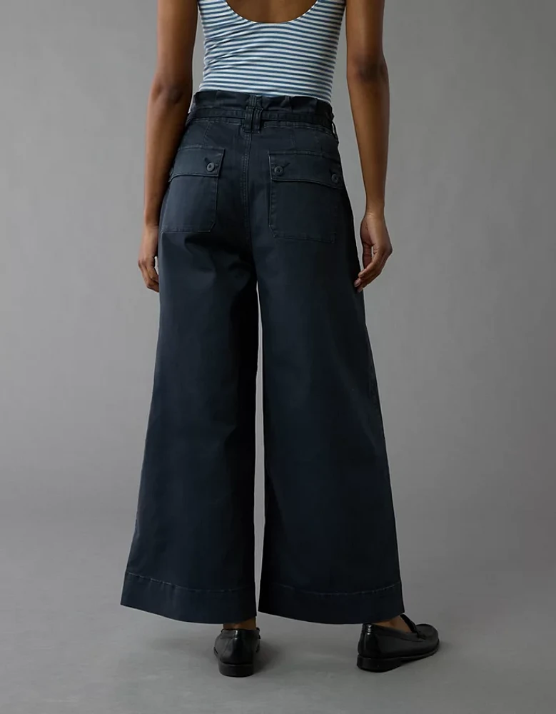 Pantalon court à jambe large et taille froncée extensible AE