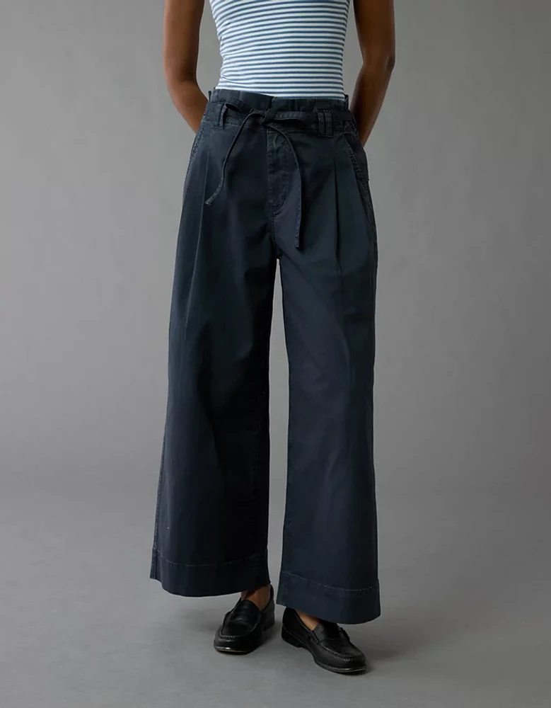 Pantalon court à jambe large et taille froncée extensible AE