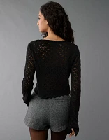 AE Pointelle Twist-Front Cropped Sweater