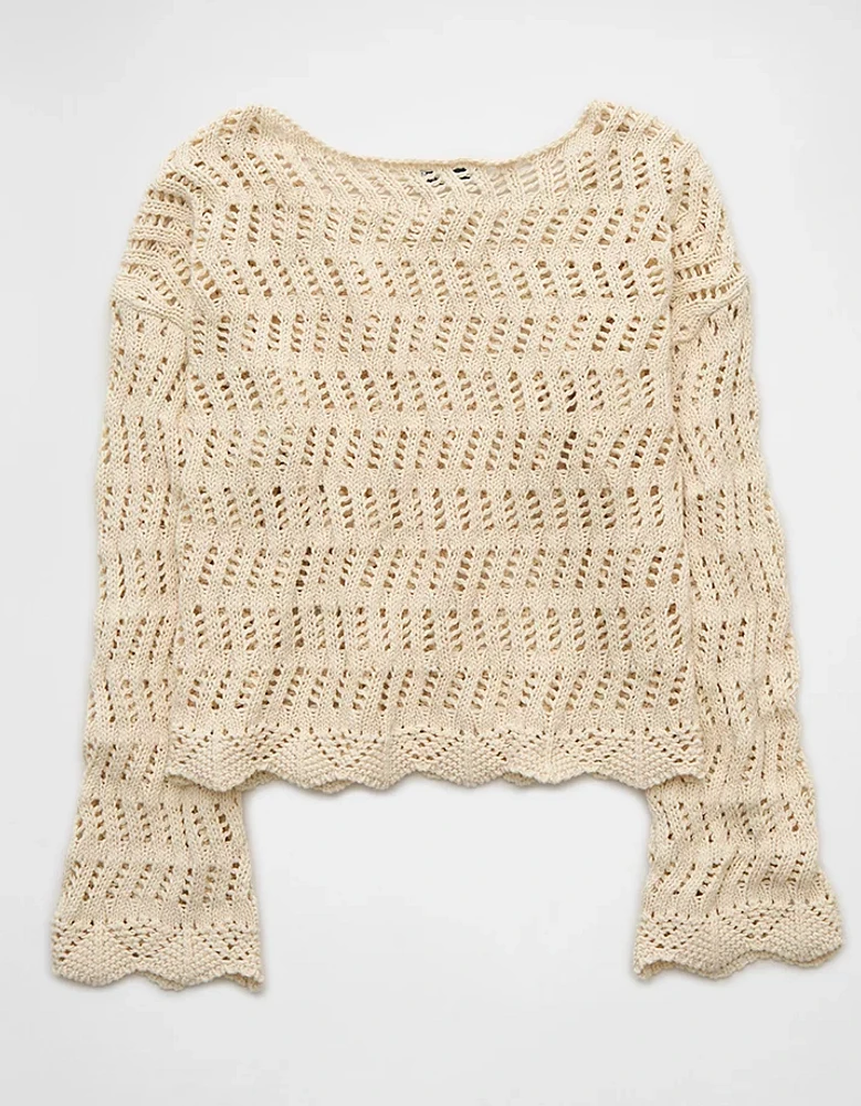 AE Boat Neck Bell Sleeve Crochet Sweater