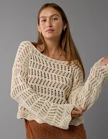 AE Boat Neck Bell Sleeve Crochet Sweater