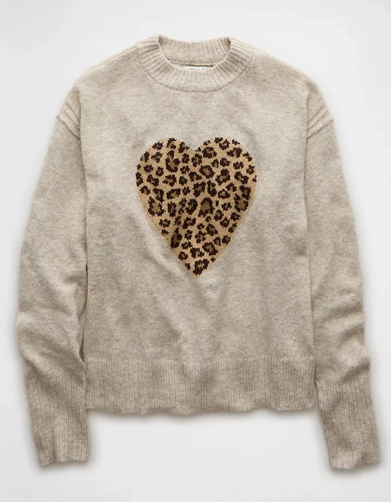 AE Whoa So Soft Leopard Heart Crew Neck Sweater