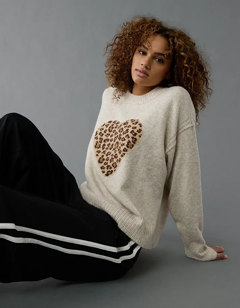 AE Whoa So Soft Leopard Heart Crew Neck Sweater