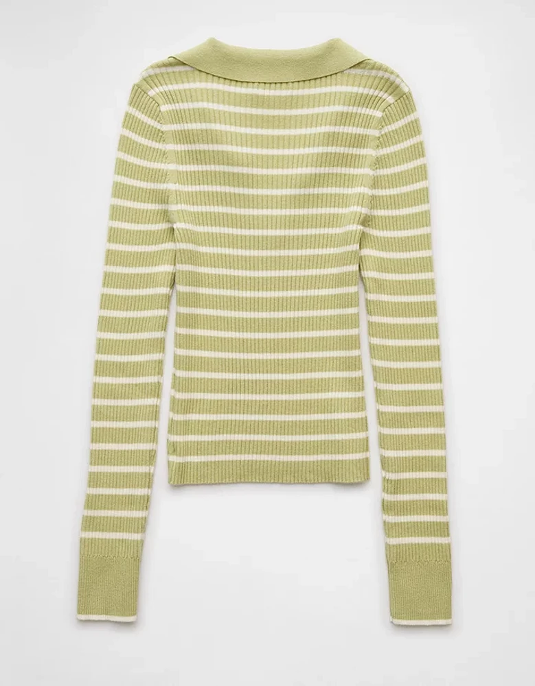 AE Long-Sleeve Striped Collared Polo Sweater