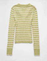 AE Long-Sleeve Striped Collared Polo Sweater