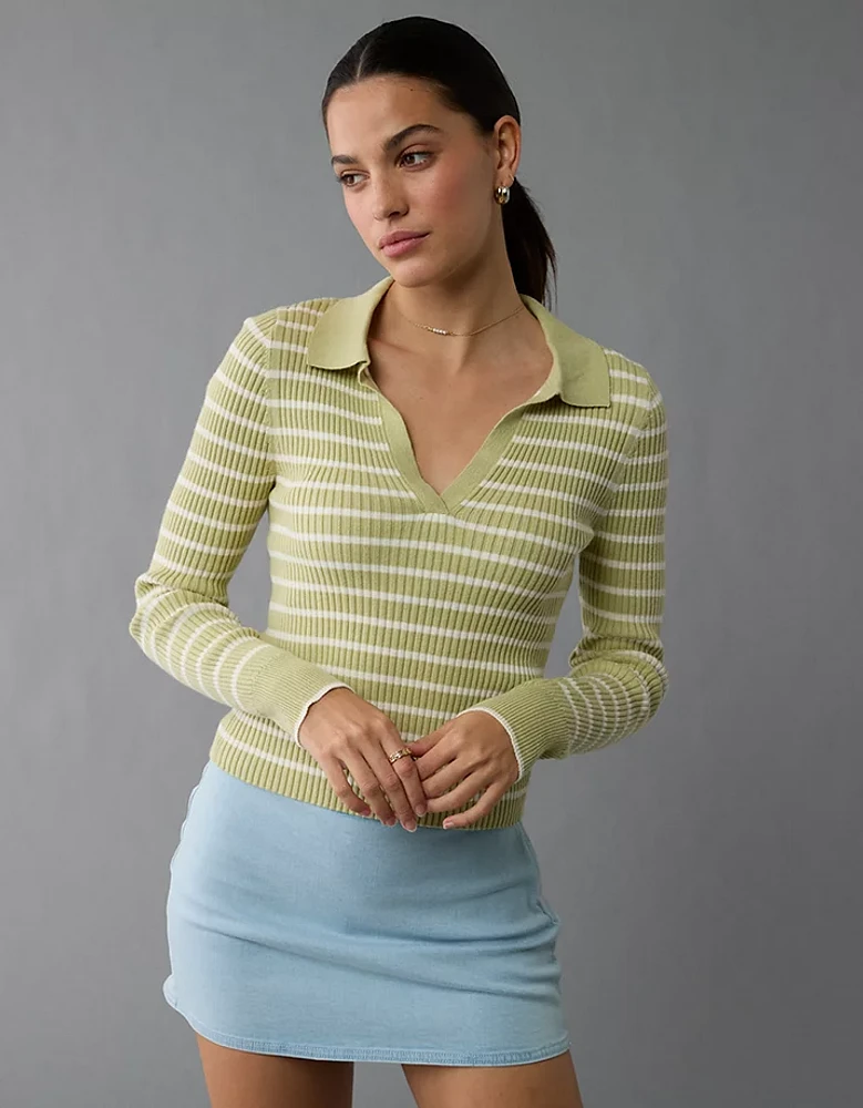 AE Long-Sleeve Striped Collared Polo Sweater