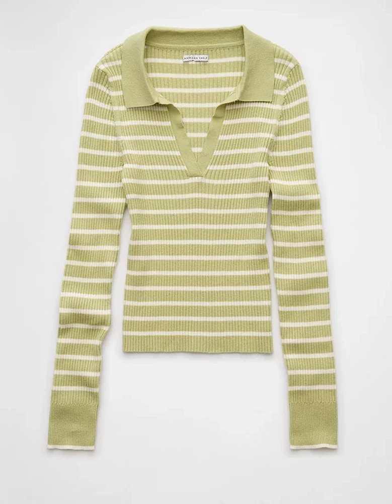 AE Long-Sleeve Striped Collared Polo Sweater