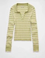 AE Long-Sleeve Striped Collared Polo Sweater