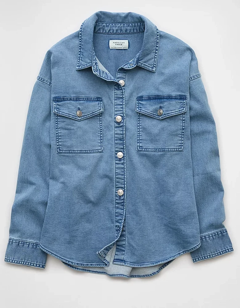 AE Dreamy Drape Cozy Long-Sleeve Button-Up Denim Shirt