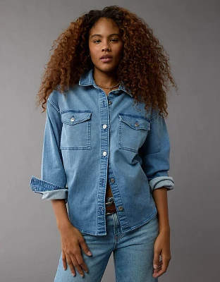 AE Dreamy Drape Cozy Long-Sleeve Button-Up Denim Shirt