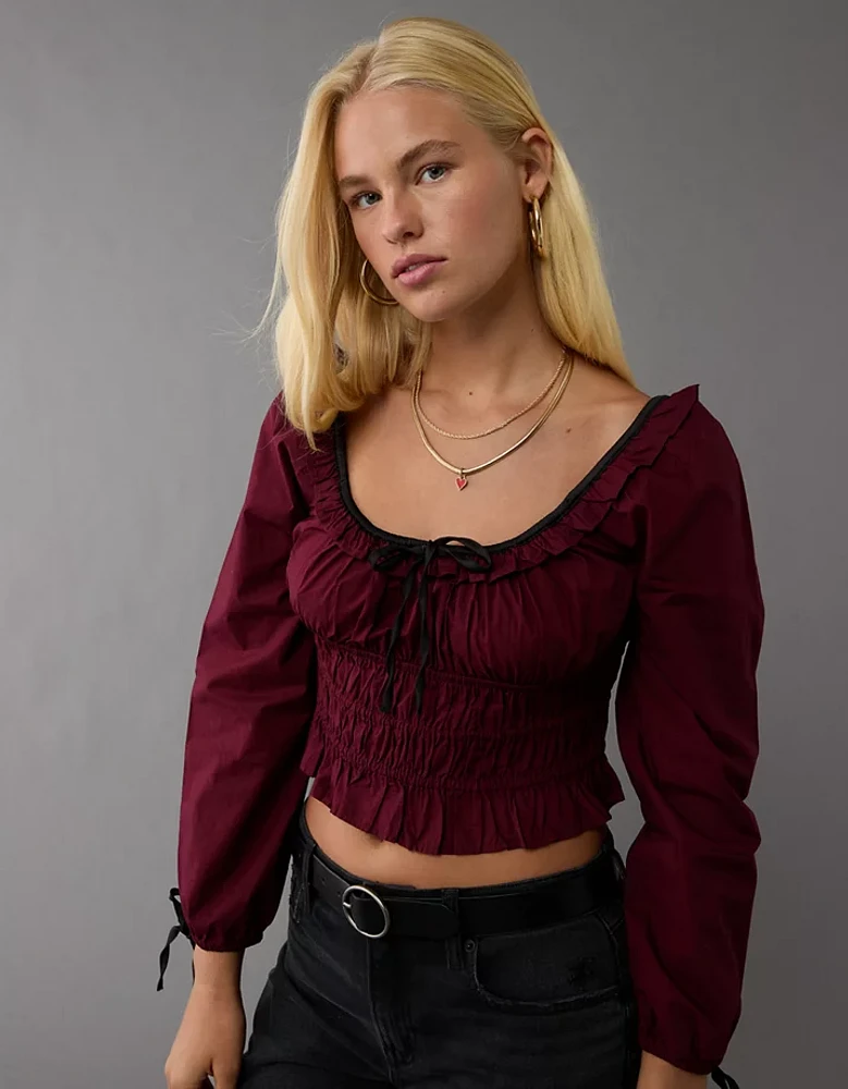 Blouse en popeline froncée à manches longues AE