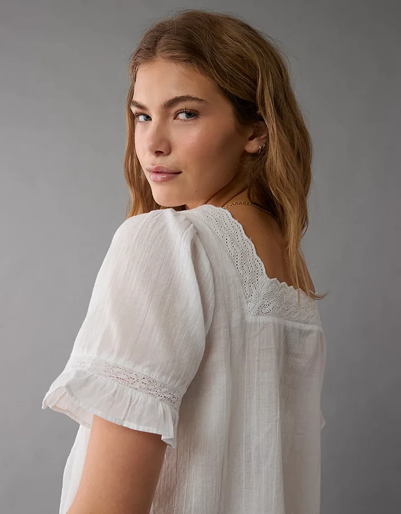 AE Square-Neck Lace Button-Up Shirt
