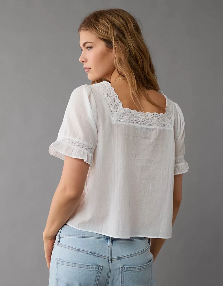 AE Square-Neck Lace Button-Up Shirt