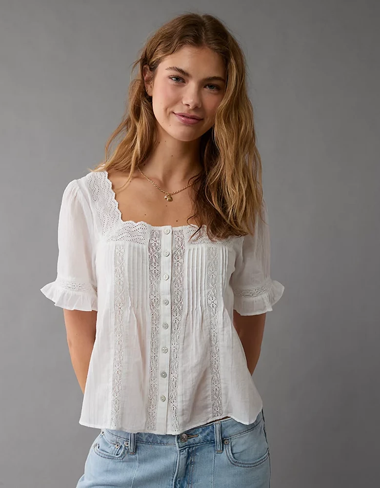 AE Square-Neck Lace Button-Up Shirt