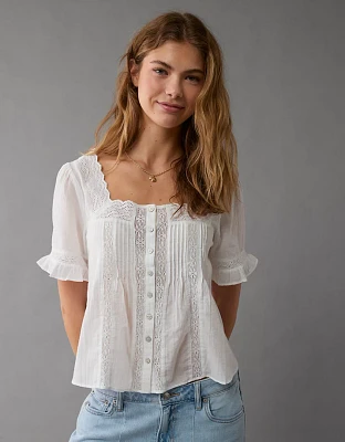 AE Square-Neck Lace Button-Up Shirt