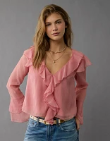 AE Long-Sleeve Chiffon Ruffle Blouse