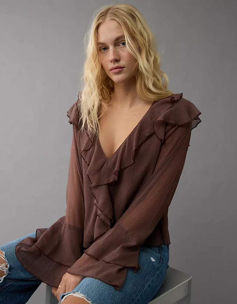 Blouse à volants en chiffon manches longues AE