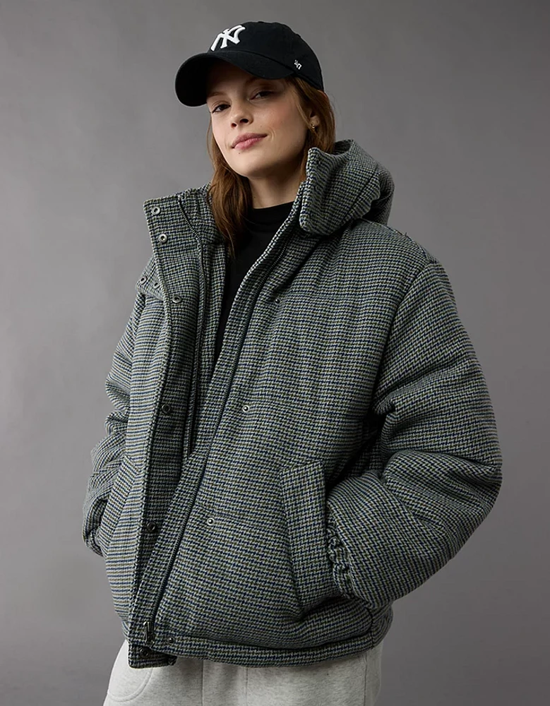 AE Plaid Hooded Puffer Jacket