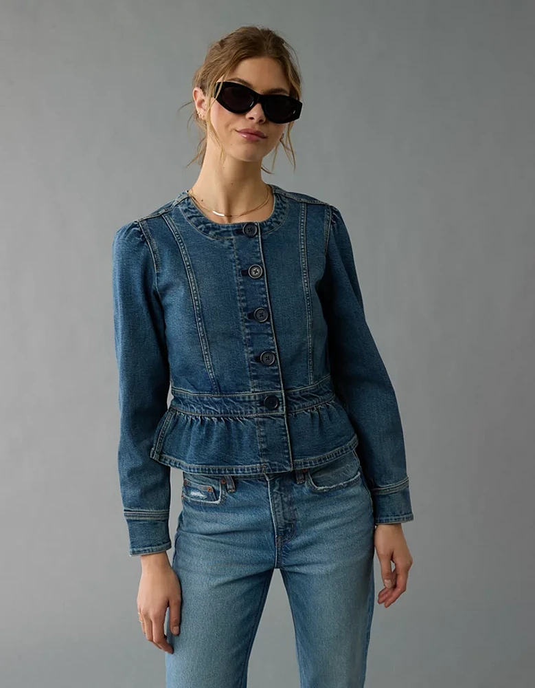 Veste en denim sans col à coupe ajustée AE