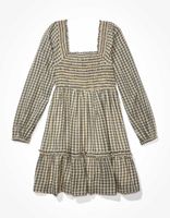 AE Long-Sleeve Smocked Plaid Mini Dress 