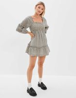 AE Long-Sleeve Smocked Plaid Mini Dress 