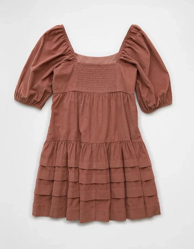 chinese dress ladies Opemiby Womens Casual Dresses Corduroy Button Up Empire Waist 3/4 Sleeve  Fall Winter Mini Babydoll Dress Apricot S at Amazon Women's Clothing store