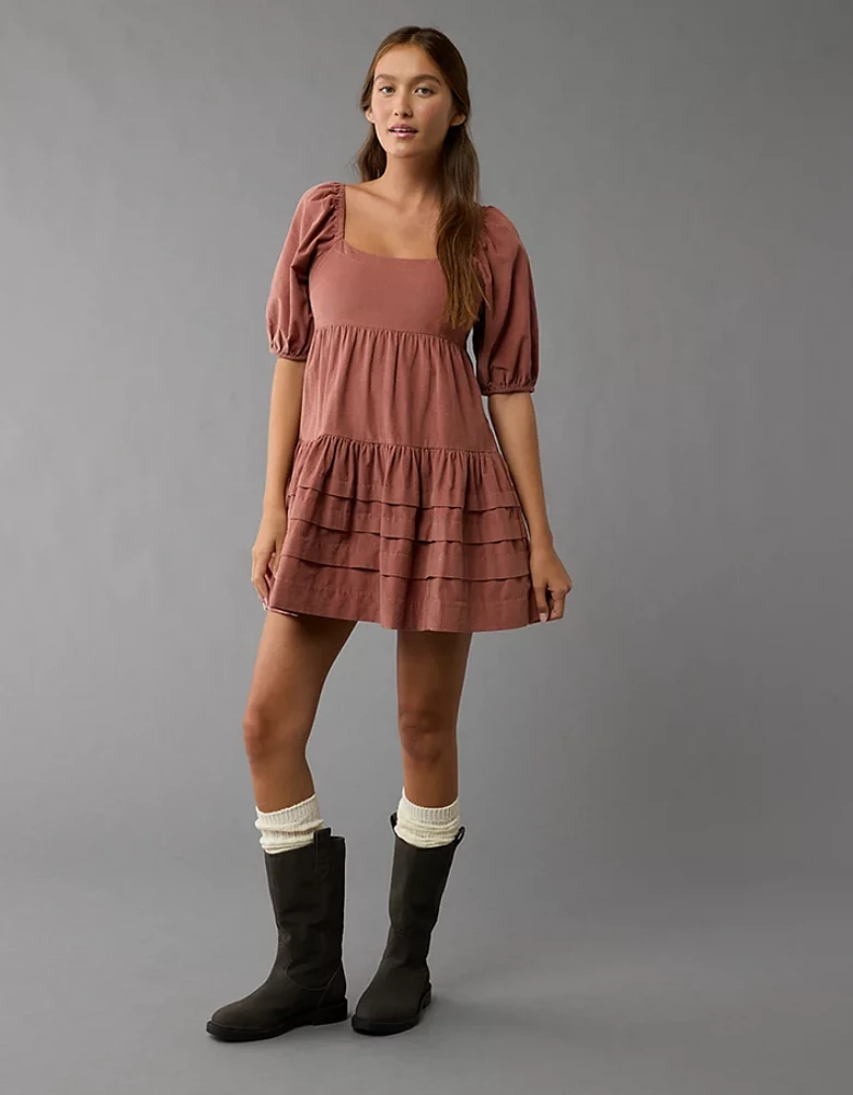 AE Corduroy Puff Sleeve Babydoll Mini Dress