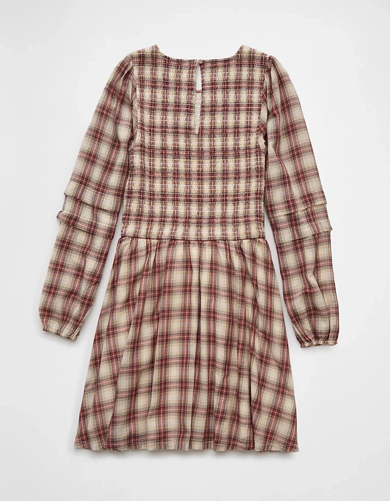 AE Long-Sleeve High Neck Plaid Mini Dress