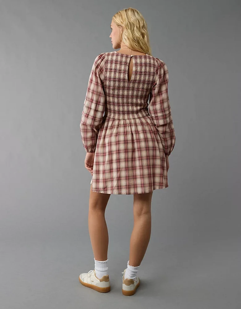 AE Long-Sleeve High Neck Plaid Mini Dress