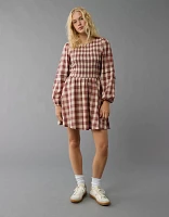 AE Long-Sleeve High Neck Plaid Mini Dress