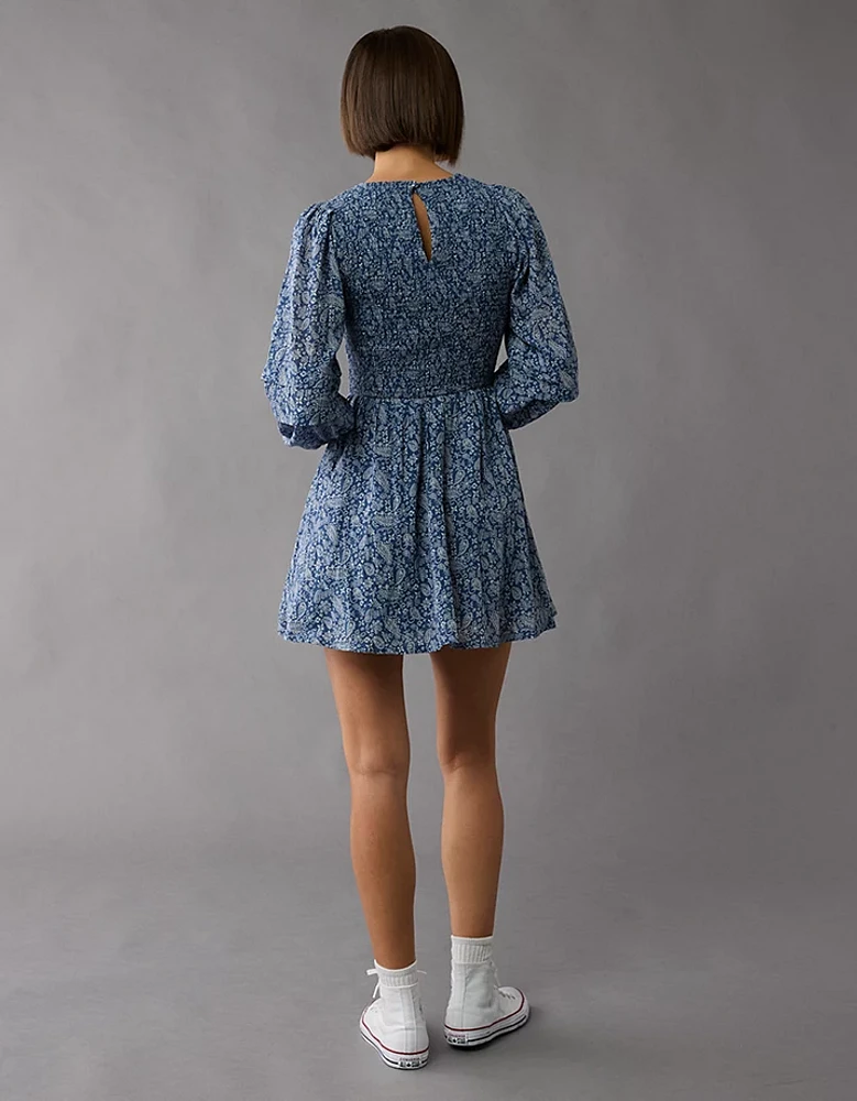 AE Long-Sleeve High Neck Floral Mini Dress