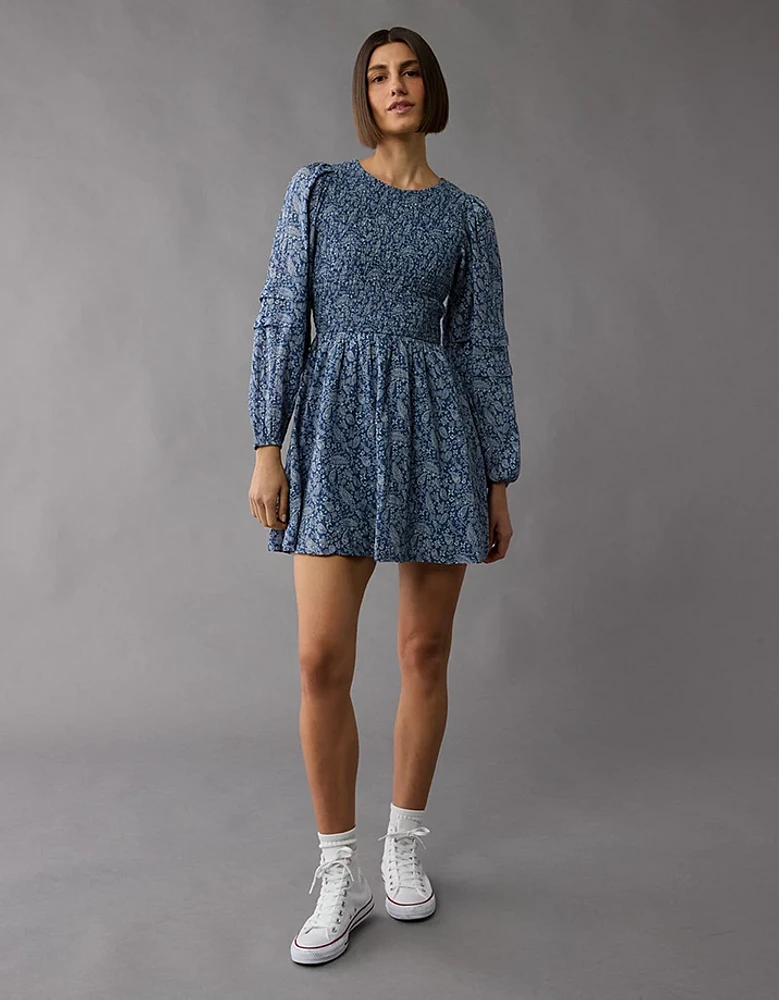 AE Long-Sleeve High Neck Floral Mini Dress