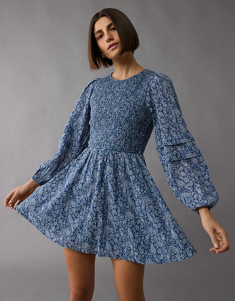 AE Long-Sleeve High Neck Floral Mini Dress