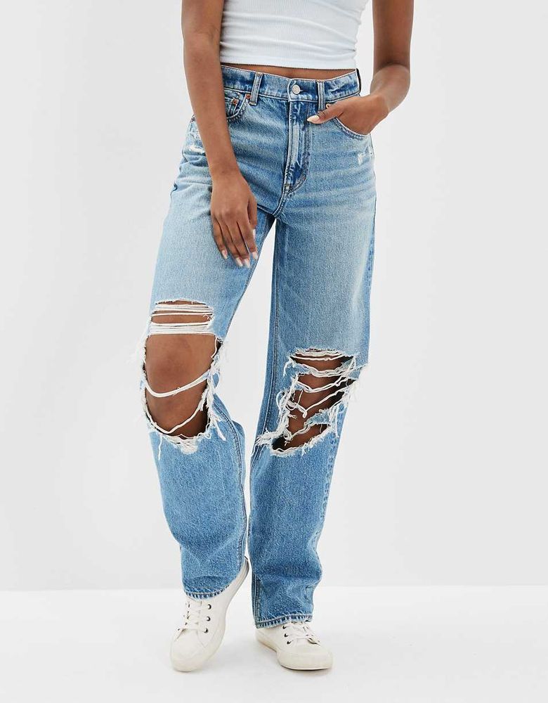 American Eagle Ripped Low-Rise Baggy Straight Jean In Bright Blue