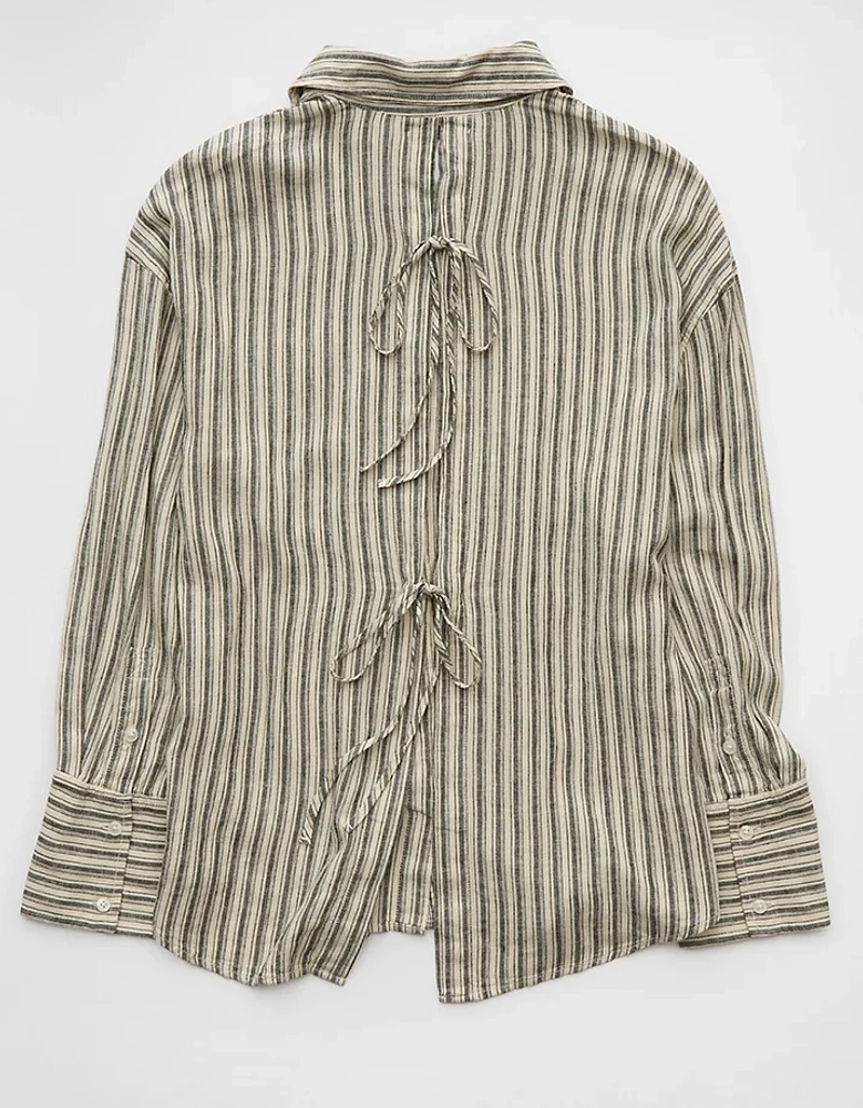 AE Linen-Blend Long-Sleeve Tie Back Button-Up Shirt