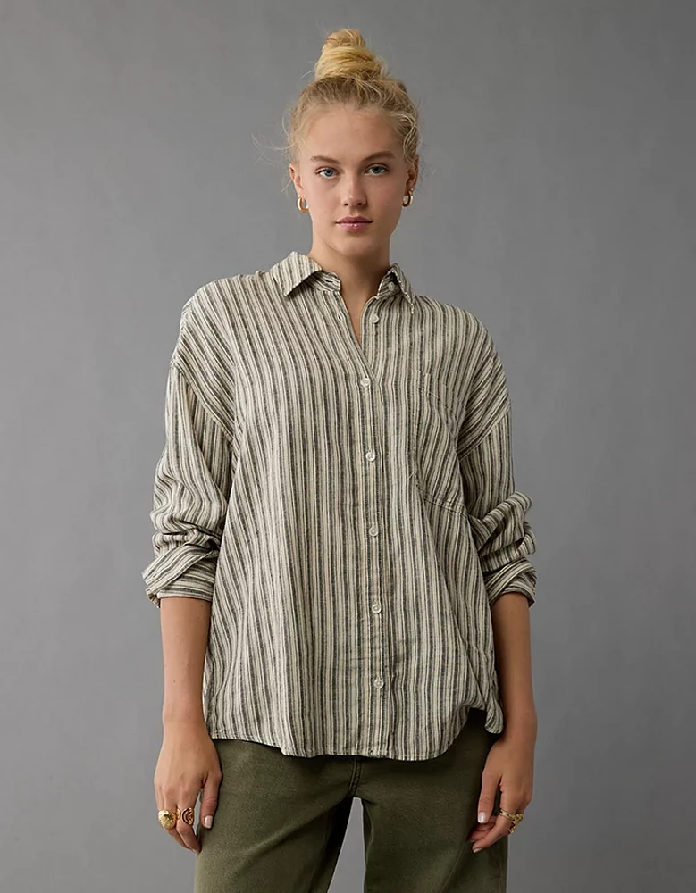 AE Linen-Blend Long-Sleeve Tie Back Button-Up Shirt