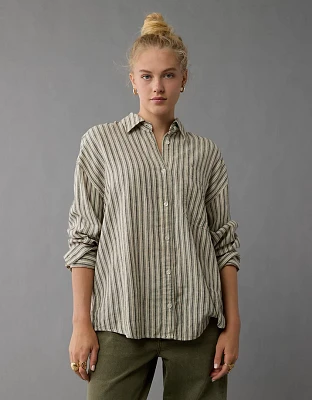 AE Linen-Blend Long-Sleeve Button-Up Tie Back Shirt