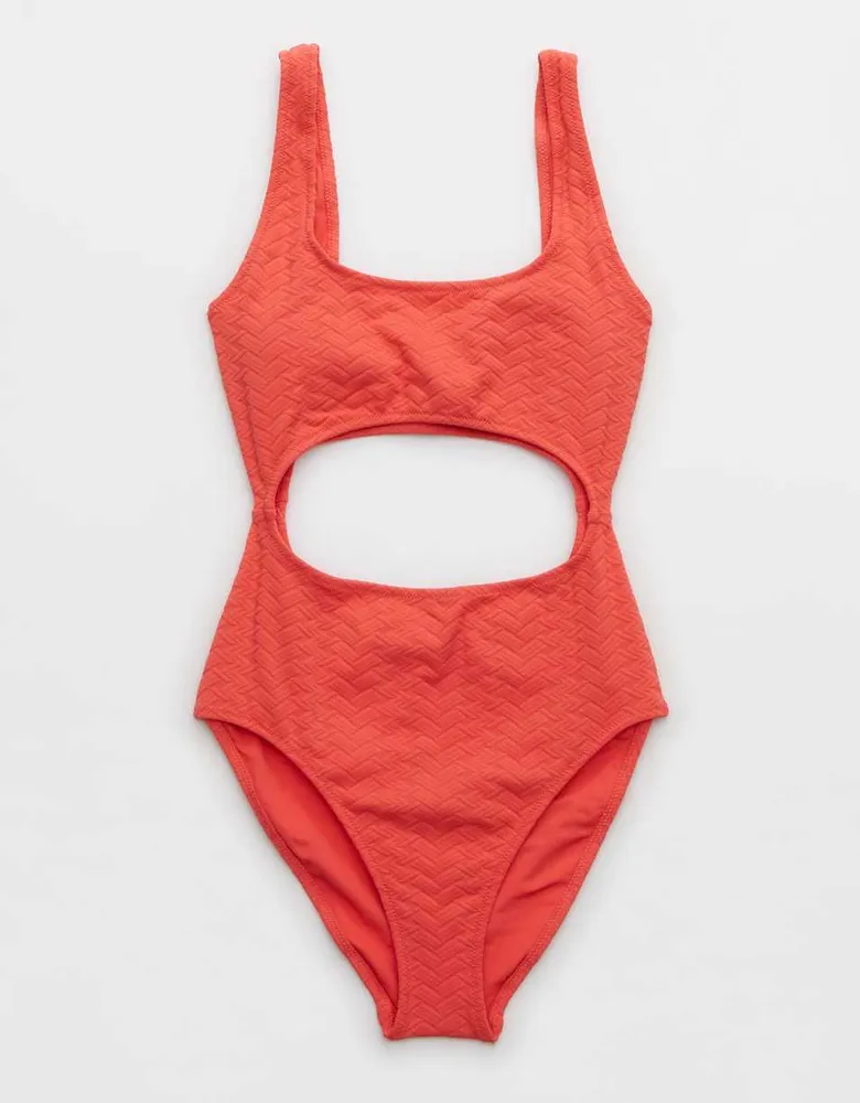 Aerie Jacquard Cut Out Scoop One Piece Swimsuit