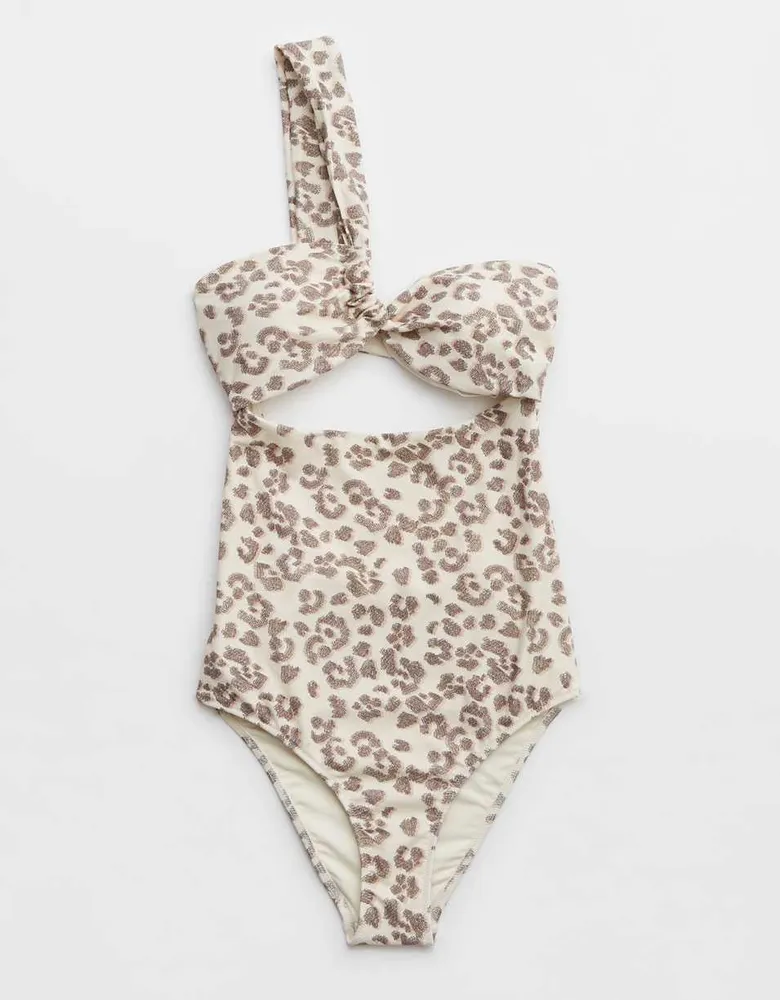 Aerie Leopard One Shoulder Bandeau Piece Swimsuit