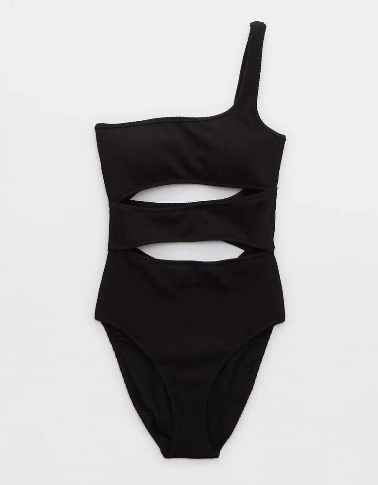 Aerie Crinkle Cut Out One Shoulder Piece Swimsuit
