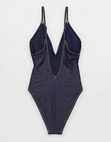 AE x Aerie Match Made Denim Plunge Cheekiest One Piece Swimsuit