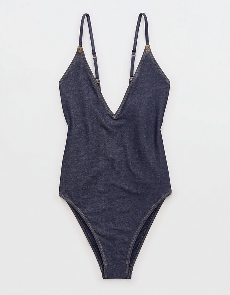 AE x Aerie Match Made Denim Plunge Cheekiest One Piece Swimsuit