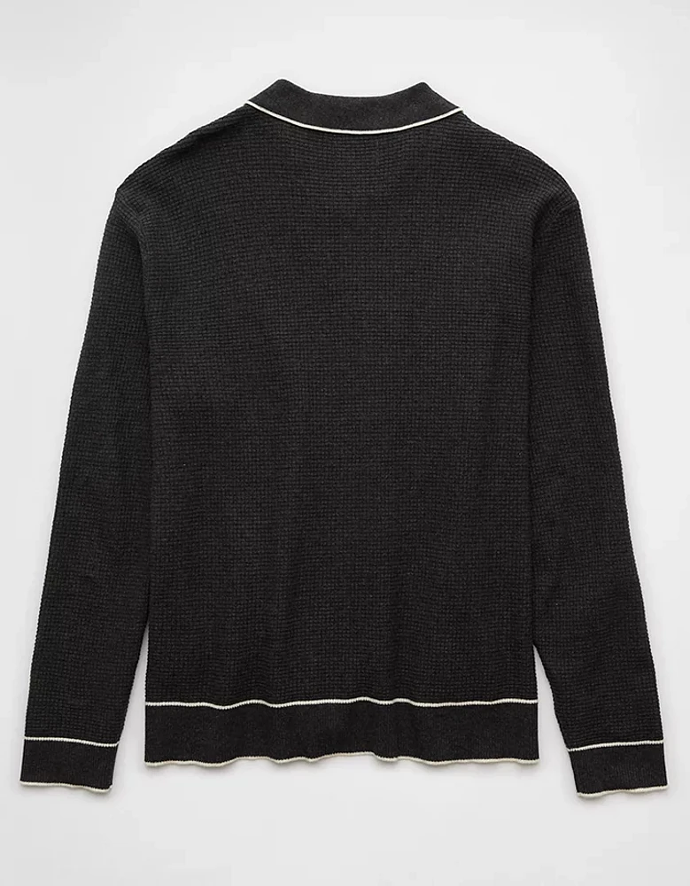 AE Long-Sleeve Tipped Waffle Sweater Polo Shirt