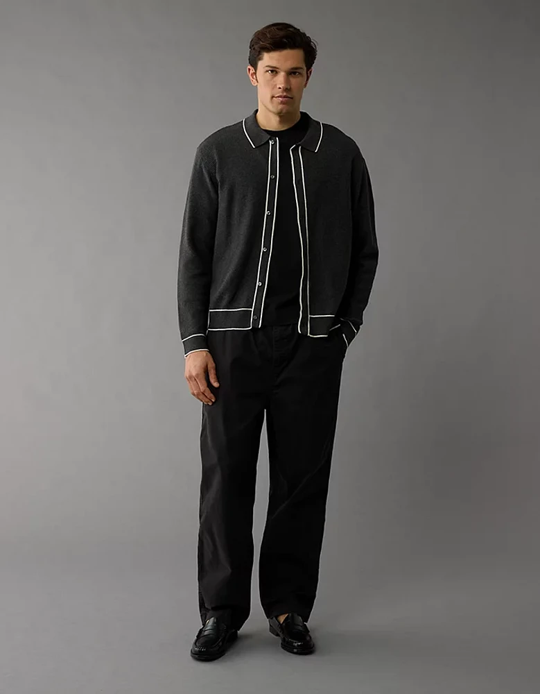 AE Long-Sleeve Tipped Waffle Sweater Polo Shirt