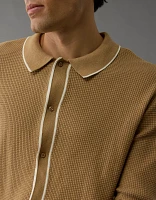 AE Long-Sleeve Tipped Waffle Sweater Polo Shirt