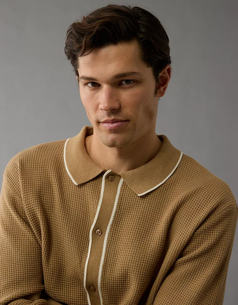 AE Long-Sleeve Tipped Waffle Sweater Polo Shirt