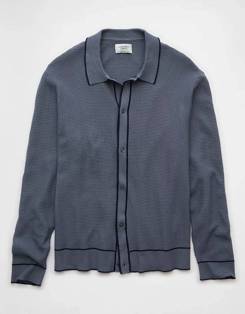 Chandail polo gaufré à manches longues et bordures de couleur contrastante AE