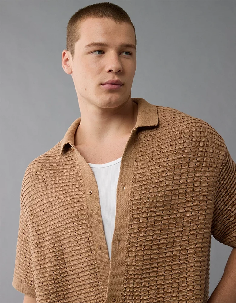 AE Weekend Textured Button-Up Sweater Polo Shirt