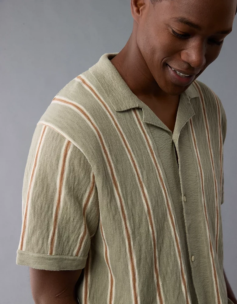 AE Weekend Striped Button-Up Sweater Polo Shirt